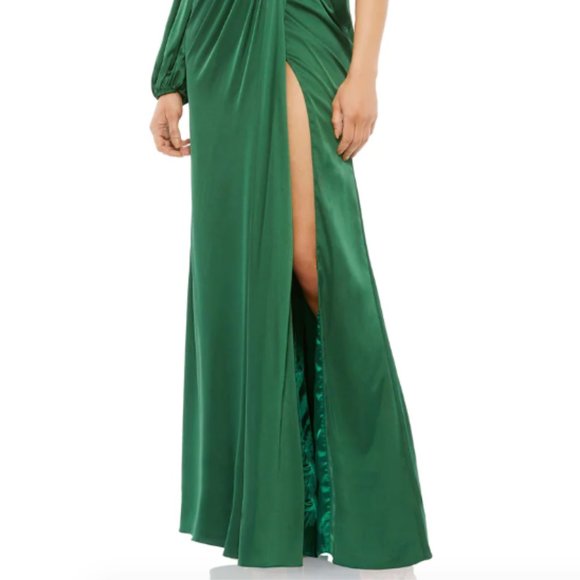 MAC DUGGAL 11251 ONE SHOULDER LONG SLEEVE DRAPED CHARMEUSE EMERALD GREEN sz 4 - Picture 5 of 6